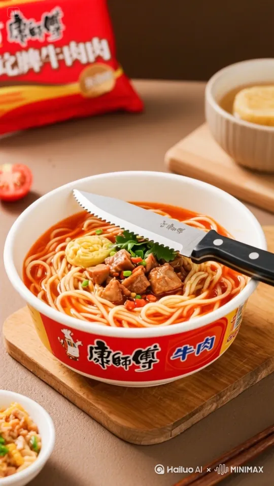 师傅牛肉面上	小刀一切，泡面变成真牛肉，牛从碗里复活并“哞”了一声 by Hailuo AI Video Generator