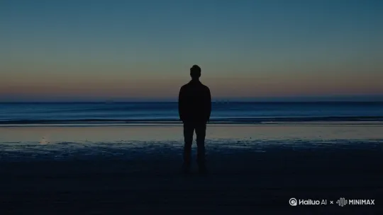 帮我生成一个视频
一个男人站在海边面相大海，镜头给的是背影。海天一色天色渐黑，开始海边还有点太阳余晖，慢慢黑色把男人背影淹没。
[拉远,上升] by Hailuo AI Video Generator