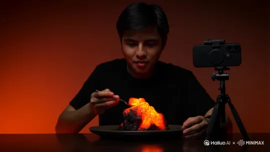 一个人在拍火山熔岩吃播[固定镜头] by Hailuo AI Video Generator