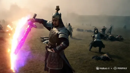 镇北将军持朕飞龙斩将刀。上场杀敌凯旋归来。 by Hailuo AI Video Generator