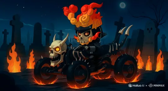 一位恶魔骑士骑着骷髅摩托车在高速公路上疾驰，在墓地的道路上，场景移动得很快，超级飙车速度感，速度非常快。车身伴随着颠簸的振动，轮胎快速旋转。火焰燃烧得越来越猛烈，轮胎上的骨刺随着车轮旋转。轮胎经过的地面会在车辆后方留下火焰痕迹，车辆继续加速。画面失真，人物不说话。镜头切换，焦点到轮胎特写，飞速传动，火花四射，镜头转换焦点到人物脸部，眼眶里火焰迸发，镜头切换，特写手拧油门，镜头切换，脚步特写，镜头切换，驶出画面 by Hailuo AI Video Generator