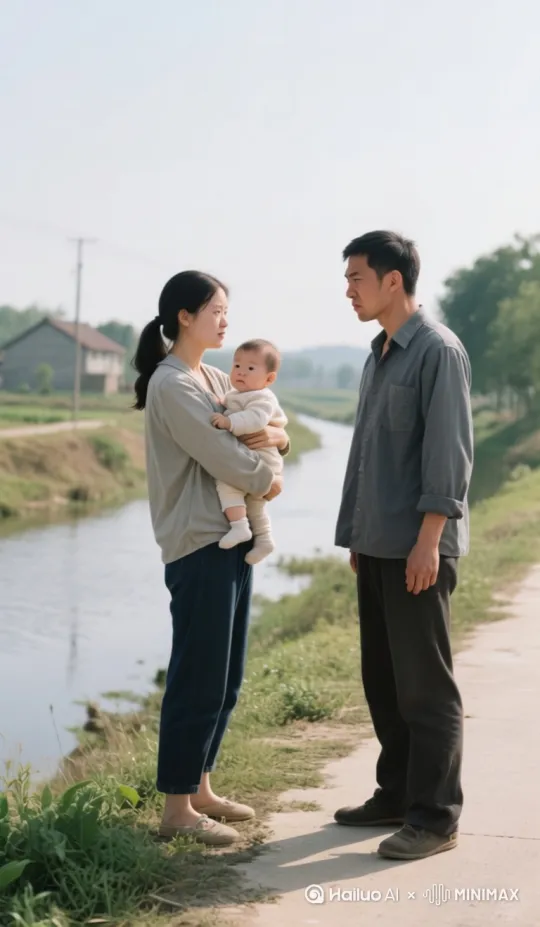 画面主体：身着现代简约服饰的年轻女性，表情决绝且冷厉，将怀中啼哭的幼儿快速推向右侧满脸怒容、眉头紧锁的男性。男性双手僵硬接过孩子，脖颈青筋暴起，嘴角下拉呈明显愤怒神态。
场景环境：河边场景，有道路，整体为现代风格。
动作细节：女性将孩子快速交给右边男性后，扭头跳入河中，在水面上跑步（呈现“轻功水上漂”效果），水面荡起波纹，动作连贯自然。然后画面转到跳上屋顶，在房子上面飞檐走壁！
特效氛围：突出轻功效果，水面波纹真实，整体画面符合现代背景下的轻功演绎。
镜头运镜：（加强优先展现女性递孩子）、跳河、水上跑步和飞檐走壁等动作，镜头切换流畅，突出“轻功水上漂”“飞檐走壁”的核心画面。 by Hailuo AI Video Generator
