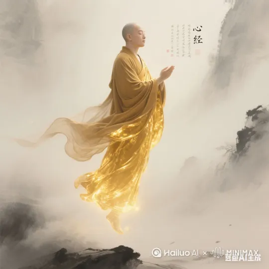 场景:整个场景被风吹起，山及雾都慢慢移动，衣服被风吹的翩翩起舞，慢慢的坐在金莲上，全身泛着金色的光晕，视频口对着全身循环转，最后定格在正面 by Hailuo AI Video Generator