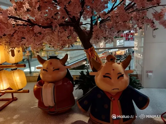 [固定镜头]图中左边的人向镜头作揖，右边的人向镜头走来，后面的树随风飘动[左摇]旁边的灯笼火由隐隐闪烁 by Hailuo AI Video Generator