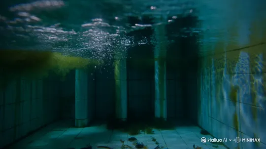 深夜泳池水下仰视角:墨绿色水体充斥画面,能见度仅两米内,上方水面因氯气折射扭曲成晃动的银白色光膜。正中央一只手在视频最后缓慢的露出来拍击在屏幕上,孔洞边缘附着絮状藻类随水流摆动。左侧池壁瓷砖缝渗出深绿苔痕,水面光斑在右侧瓷砖墙投下不断颤抖的菱形光网,光纹中隐约浮现有孩童手印的淡黄色污渍。背景是无限延伸的幽暗泳道,四根苍白立柱从顶部刺入水体,柱身附着水泡形成的珍珠串。画面底部沉淀着模糊的玩具残影。色调为压抑的蓝绿主色,水面高光处泛病态荧光黄,瓷砖接缝线呈现神经质的锐利。整体笼罩在VHS噪点与水纹畸变滤镜中,静谧窒息感与未知恐惧随排水孔漩涡悄然扩张,阈限空间恐怖效应,画面符合逻辑 by Hailuo AI Video Generator