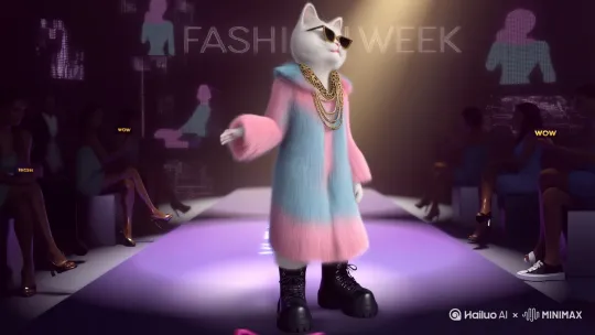 主体核心：一只拟人化白色短毛猫，站立高度约1.7米（接近成年女性模特身高），以「超模定点pose」立于T台中央——双后肢直立支撑身体（模拟人类双腿），前肢自然交叠于小腹前（模拟人类双手交叠姿态），脖颈微扬，头部呈45°侧倾（展现自信气场）；身披一件为其量身定制的「人形比例」粉蓝渐变毛绒大衣（衣长及小腿，腰部收腰设计，肩线加垫模拟人类肩宽），内搭同色系缎面衬衫（领口微敞），脖子挂着多层豹纹金链（长度调整至贴合猫颈，避免拖沓），脚踩厚底黑色马丁靴（鞋跟3cm，模拟人类腿长比例），肉垫藏在靴内，站立时腿部肌肉微绷（强化「稳立」的仪式感）。

场景氛围：

时装秀场设定：未来感暗黑秀场，地面为渐变紫发光T台（边缘有「FASHION WEEK」激光投影），背景是悬浮的3D全息时装秀历史画面（交替闪现1980s垫肩西装、2020s解构主义礼服、未来感银色礼服），两侧观众席为阶梯式半透明玻璃座（坐满模糊人影，仅露出举高的手机屏幕——屏幕光映出「WOW」「CAT MODEL」等弹幕）。

镜头语言：

开场：低角度仰拍（镜头高度1.2米），聚焦猫咪抬头的瞬间（慢镜头0.6倍速），突出其「人类身高」的压迫感与猫耳的萌感反差；

中段：镜头拉至中景（全身入画），猫咪缓慢转身（模拟模特走秀后的定点展示），大衣下摆随转身轻扬（毛绒材质动态自然），左手抚上颈侧金链（强调配饰细节）；

特写：切至面部（眼睛占脸1/3大小），瞳孔微缩（模拟人类专注眼神），墨镜滑落至鼻尖（露出琥珀色猫眼），嘴角微扬（拟人化微笑）；

收尾：镜头后拉至全景，猫咪右手叉腰（模拟超模经典pose），左手向观众席虚指（引发「互动感」），背景全息投影突然定格在其轮廓（科技感收束）。

视觉风格：

电影级4K画质，浅景深（背景虚化突出主体），高对比度打光（顶部冷白光+侧方暖黄聚光，模拟秀场追光灯），皮肤保留猫的细微绒毛质感（用「毛发粒子」技术呈现），大衣表面有「反光面料」光泽（随灯光角度变化）；

色彩基调：主色粉蓝（温柔）+ 辅助色紫（未来感）+ 点缀金（贵气），整体饱和度略高于真实照片（强化「超现实」时装秀氛围）；

音效设计：背景音为电子合成器铺底的「高级感BGM」（类似The Weeknd《Blinding Lights》变调版），同步加入「猫爪轻叩马丁靴跟」的「嗒、嗒」声（每0.5秒一次，强化节奏）。

动态细节：

站立时身体微侧（非完全正面），模拟人类模特「调整站姿」的自然感；

大衣腰部收腰处有「微鼓起」的肉感（贴合猫的胸腔形状，避免完全拟人导致的僵硬）；

金链碰撞声与BGM鼓点同步（每拍一次响一声），增强「时尚仪式感」；

T台地面反射猫咪站立的倒影（影子高度与猫本身一致，强化「真人比例」真实感）。

技术参数（适配主流AI工具）：

帧率24fps，运动模糊强度0.8x（站立动作幅度小，保留自然感），输出分辨率1080p，重点优化「猫与人形比例融合度」（避免「头大身小」或「四肢比例失调」） by Hailuo AI Video Generator