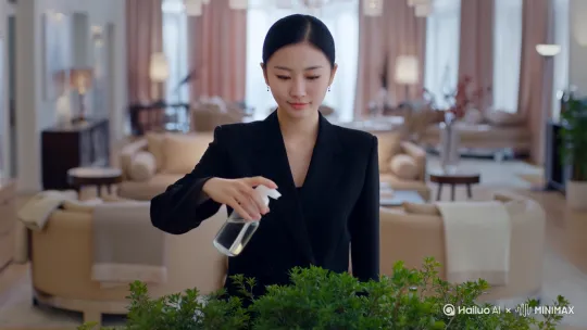 [左移,右摇,跟随]一个年轻的中国女人，穿着黑色的西装，在房间养护一盆精美的植物，手里拿着玻璃水壶对着植物叶子在喷水，房间宽敞明亮，高档的现代沙发家具，暖色调，人物不要走动 by Hailuo AI Video Generator