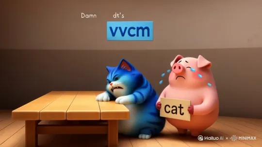 给我生成一只猫，他砸了桌子在嘴里说我去你大爸的又是密码的，周一我最讨厌你了，赶紧有多远滚多远，旁边站着一只猪双脚站立只猪在哭，他举的牌子是猫，那只蓝色的猫是蓝色的牌子上面vvcm by Hailuo AI Video Generator