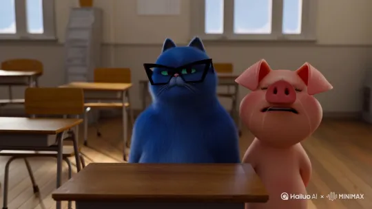 给我生成一只蓝色的猫，带着一个三角眼镜是黑色的旁边有一只猪在哭泣，那只蓝色的猫在学校砸了桌子 by Hailuo AI Video Generator