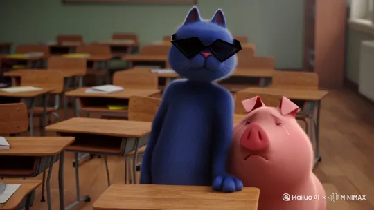 给我生成一只蓝色的猫，带着一个三角眼镜是黑色的旁边有一只猪在哭泣，那只蓝色的猫在学校砸了桌子 by Hailuo AI Video Generator