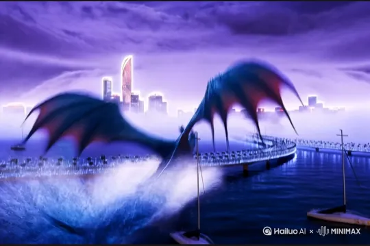 以江边日落为基础场景，天空渐变色彩化作流动的、闪烁微光的能量长河，云朵幻成半透明的发光水母群，缓缓浮游。桥梁如悬浮的水晶纽带，蓝光流转似神秘符文，水面波光变成细碎的星光粒子，随波纹漾开。远处建筑轮廓隐现于淡紫色雾气，轮廓边缘泛着霓虹光晕，像未来都市的幻影，整体氛围融合仙气的空灵与科幻的奇幻 ，营造超现实梦幻感 。一条蛟龙从湖底冲天而起，  在天空中上下盘旋，冲着屏幕大吼 by Hailuo AI Video Generator