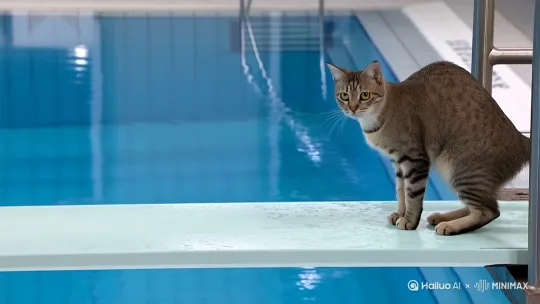 主体: a cat
场景: an Olympic diving board
准备动作: walks purposefully to the edge
核心动作: leaps into the air
艺术化描述: elegant somersaults and twists
类比形象: a synchronized swimmer
核心特质: agility and grace
组合后： “A cat is at the Olympic diving board. It walks purposefully to the edge, showing intense focus. Then, it leaps into the air. In mid-air, it performs elegant somersaults and twists, resembling a synchronized swimmer. Capture the stunning combination of its agility and grace.” by Hailuo AI Video Generator