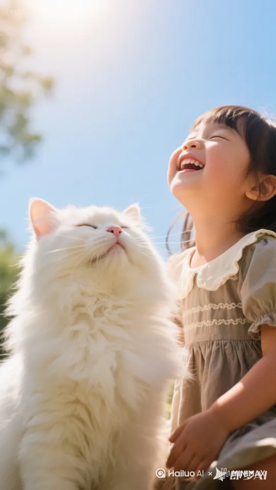 太阳光照在脸上，小女孩和猫咪相视一笑，小女孩抱起了小猫咪
ASMR音效 by Hailuo AI Video Generator