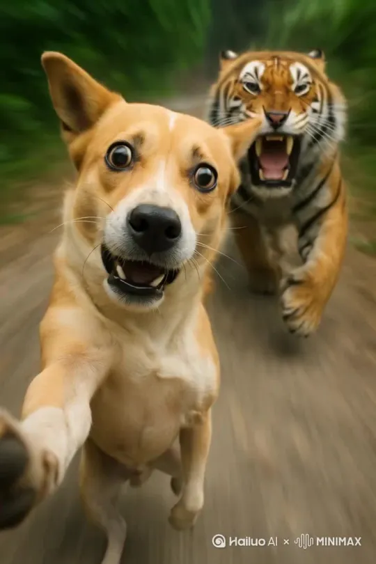 “空不空”是一只是有三条腿的田园犬！被老虎追赶逃跑中 by Hailuo AI Video Generator