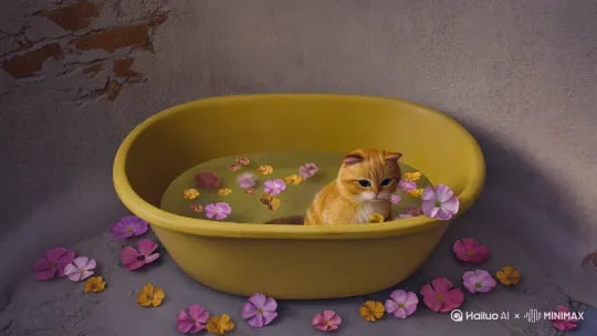 一只黄花猫在缸里洗澡。 by Hailuo AI Video Generator