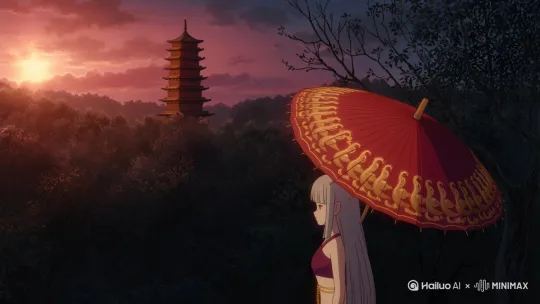 汴京深秋，枫叶染红了栖霞巷的青石板路。白发及腰的少女苏昭踩着木屐从朱漆门内走出，腰间金丝腰链随着步伐轻响。她手中那柄赤色油纸伞斜倚肩头，伞面上用金粉绘着九十九只振翅欲飞的鹤。

"小姐，该去给老爷请安了。"丫鬟绿翘提着灯笼亦步亦趋，灯笼里跃动的烛火在晨雾中晕开暖黄光晕。苏昭的脚步在青石路尽头的影壁前顿住——影壁浮雕着展翅凤凰，可凤凰左翼的羽翎早已被人为凿去。

"昨日父亲命人将西厢的《音律志》全搬去了藏书阁。"苏昭指尖抚过伞柄暗藏的机簧，这是她用三个月月钱从波斯商人处换来的机关伞。伞骨内层镌刻着《广陵散》减字谱，是母亲临终前塞进襁褓的遗物。

第二章：塔影迷踪
暮鼓初鸣时，苏昭借送伞油之名来到城西密林。残阳为栖霞塔披上赤色纱衣，这座始建于前朝的八角木塔，本该在十年前那场大火中焚毁， by Hailuo AI Video Generator