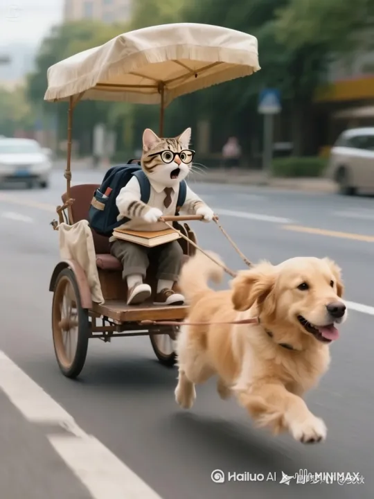 猫咪驾车一路往，要求自然顺滑，[右移,左摇,跟随] by Hailuo AI Video Generator