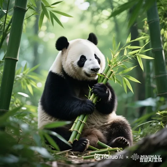 让图片中的熊猫在跳水场馆的跳板上跳下来，然后空中旋转翻身跳入水中，镜头跟着熊猫移动 by Hailuo AI Video Generator