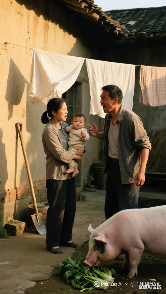画面主体：身着现代简约服饰的年轻女性，表情决绝且冷厉，将怀中啼哭的幼儿快速推向右侧满脸怒容、眉头紧锁的男性。男性双手僵硬接过孩子，脖颈青筋暴起，嘴角下拉呈明显愤怒神态。
场景环境：河边场景，有道路，整体为农村风格。
动作细节：女性将孩子快速交给右边男性后，骑着猪向画面左侧跳入河中，骑着猪在水面上跑步（呈现“轻功水上漂”效果），水面荡起波纹，动作连贯自然。然后画面转到骑着猪跳上屋顶，在房子上面飞檐走壁！
特效氛围：突出轻功效果，水面波纹真实，整体画面符合现代背景下的轻功演绎。
镜头运镜：（加强优先展现女性递孩子）、骑猪跳河、骑猪水上跑步和飞檐走壁等动作，镜头切换流畅，突出“轻功水上漂”“飞檐走壁”的核心画面。 by Hailuo AI Video Generator