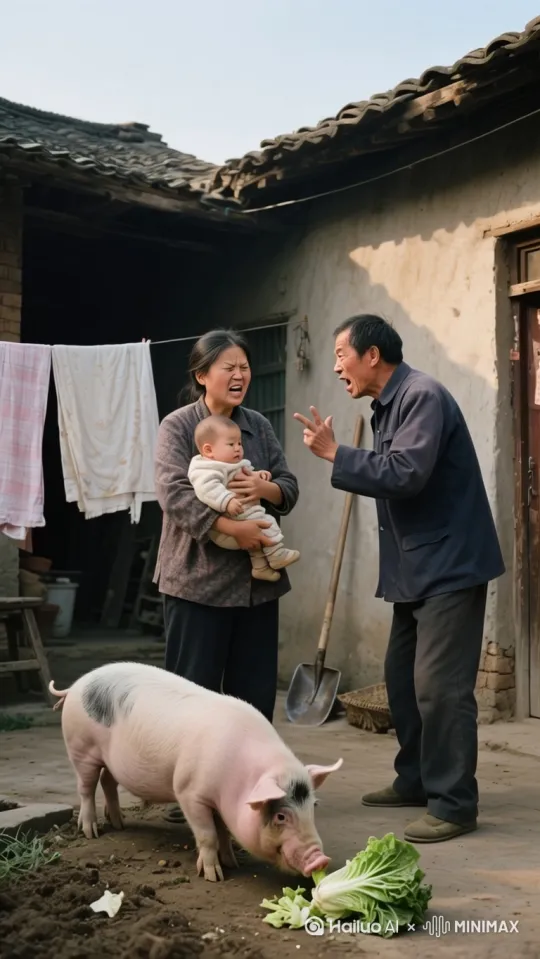 画面主体：身着现代简约服饰的年轻女性，表情决绝且冷厉，将怀中啼哭的幼儿快速推向右侧满脸怒容、眉头紧锁的男性。男性双手僵硬接过孩子，脖颈青筋暴起，嘴角下拉呈明显愤怒神态。
场景环境：河边场景，有道路，整体为农村风格。
动作细节：女性将孩子快速交给右边男性后，骑着猪向画面左侧跳入河中，骑着猪在水面上跑步（呈现“轻功水上漂”效果），水面荡起波纹，动作连贯自然。然后画面转到骑着猪跳上屋顶，在房子上面飞檐走壁！
特效氛围：突出轻功效果，水面波纹真实，整体画面符合现代背景下的轻功演绎。
镜头运镜：（加强优先展现女性递孩子）、骑猪跳河、骑猪水上跑步和飞檐走壁等动作，镜头切换流畅，突出“轻功水上漂”“飞檐走壁”的核心画面。 by Hailuo AI Video Generator
