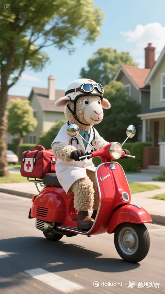 Tracking shot moving forward alongside scooter (跟拍镜头向前移动); Anthropomorphic sheep doctor on red Vespa, leaning forward, handlebars vibrating, wheels spinning rapidly; Suburban street background (houses, trees) smoothly scrolling backwards at moderate speed; Doctor's white coat and fleece flap dynamically in the wind, goggles reflect passing scenery, scooter engine emits visible exhaust puff. by Hailuo AI Video Generator