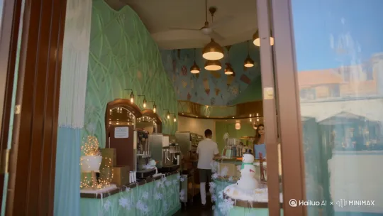 2. 中景 - 店内环境：跟随镜头走进店内，展现清新的薄荷绿与纯净冰蓝交织的空间，墙壁上精心绘制的冰淇淋与雪糕梦幻图案，角落摆放着可爱雪人玩偶与闪烁雪花灯，营造温馨浪漫氛围，旁白：“初次踏入这家店，清新的薄荷绿与纯净的冰蓝交织，映入眼帘，仿佛置身于北欧的冰原仙境。墙壁上精心绘制着冰淇淋与雪糕的梦幻图案，店内有冰淇淋机、冷柜柜台里放着雪糕、冰淇淋，豪华高端的样子，温馨又浪漫。”美女店主站在柜台内。地址：城市高端雪糕、冰淇淋店铺 ；人物：店老板美女、顾客…  时间：夏天 by Hailuo AI Video Generator