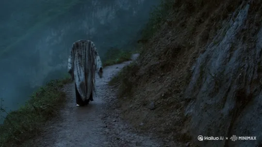 阴暗的山间小路，一边是悬崖，一边是陡峭的山壁，一个无头道士在缓慢行走，衣服破旧，上面写满了中文咒语 by Hailuo AI Video Generator