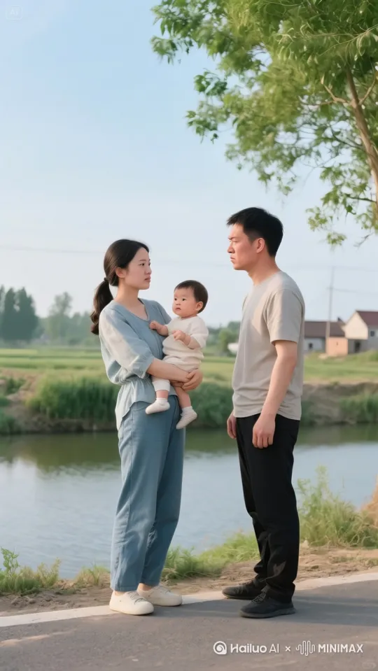 画面主体：身着现代简约服饰的年轻女性，表情决绝且冷厉，将怀中啼哭的幼儿快速推向右侧满脸怒容、眉头紧锁的男性。男性双手僵硬接过孩子，脖颈青筋暴起，嘴角下拉呈明显愤怒神态。
场景环境：河边场景，有道路，整体为现代风格。
动作细节：女性将孩子快速交给右边男性后，扭头跳入河中，在水面上跑步（呈现“轻功水上漂”效果），水面荡起波纹，动作连贯自然。然后画面转到跳上屋顶，在房子上面飞檐走壁！
特效氛围：突出轻功效果，水面波纹真实，整体画面符合现代背景下的轻功演绎。
镜头运镜：（加强优先展现女性递孩子）、跳河、水上跑步和飞檐走壁等动作，镜头切换流畅，突出“轻功水上漂”“飞檐走壁”的核心画面。 by Hailuo AI Video Generator