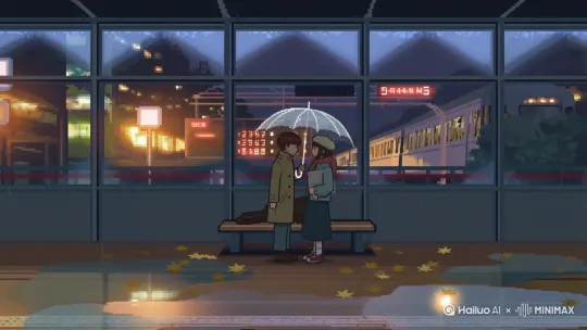像素风格插画，雨天站台场景。日系动漫脸少年少女共撑透明雨伞，男生穿卡其色风衣握黑色琴盒，女生戴贝雷帽抱素描本，月台长椅散落枫叶，电子时刻表红光闪烁，远处列车灯穿透雨幕，积水倒映暖黄路灯，背景玻璃幕墙映出模糊的都市霓虹，整体灰蓝色调中点缀暖橙光斑。 by Hailuo AI Video Generator