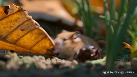 Prompt (核心版):
"Ultra close-up, shaky handheld smartphone footage, grainy texture, natural daylight. A tiny, adorable golden hamster (only 2 inches tall) is nervously navigating a chaotic 'insect war'. It cautiously hides behind giant fallen leaves (like trees), scurries past dueling stag beetles (massive to it), and crawls under towering blades of grass. Focus on the hamster's perspective: everything feels enormous and dangerous. Documentary style, natural lighting, shallow depth of field, slight motion blur, subtle film grain, realistic textures. The vibe is tense, intimate, and accidental discovery." by Hailuo AI Video Generator