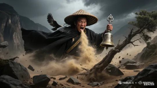 图中的人物摇着法铃，口里吹出飓风，很大的风，左肩上的老鹰惊恐地飞翔，[拉远,上升,下摇]风卷起树木，飞沙走石，乌云涌动， by Hailuo AI Video Generator