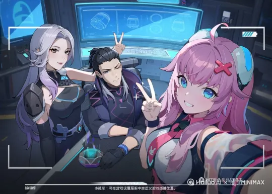中的让图中的粉毛少女拿，手柄并在后面的，电脑上玩游戏 by Hailuo AI Video Generator