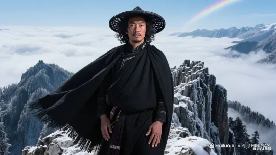 在壮阔的雪山云海间，一位身着传统黑色服饰、头戴斗笠的人物站立。他双手刚举过头顶，似在与天地呼应。原本晴朗的天空，[拉远,上升,下摇]瞬间乌云密闭，压抑而厚重。紧接着，电闪雷鸣，巨大雷电如银蛇般划破天际，电光火石间，耀眼光芒强力照耀天空，视觉冲击力拉满，营造出震撼且极具张力的天地对决氛围，让人物与狂暴天象的交融，碰撞出摄人心魄的画面 。 by Hailuo AI Video Generator
