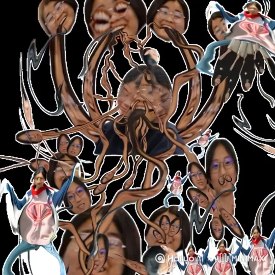 图片中的怪物疯狂的扭曲触手，并且发出尖锐的叫声，触手上的每个脑袋都左右摇摆着，并且哈哈大笑，信徒们跳着诡异的舞蹈，并且不断有穿着黑衣服的人从信[固定镜头]徒们的肚子下面钻出 by Hailuo AI Video Generator