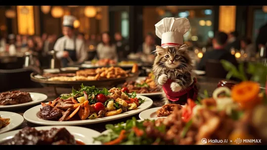 小猫小猫咪在做饭，诸多人都看着 by Hailuo AI Video Generator