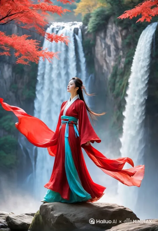 图中美女跳着古典舞，衣服随风飘动 by Hailuo AI Video Generator
