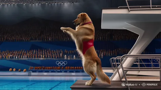 A majestic Golden Retriever dog, dressed as a professional Olympic diver in a sleek red swimsuit with the Olympic rings logo, poised at the very edge of a high diving platform (10m). The dog stands upright on its hind legs, front paws extended forward in perfect focus, mimicking a human diver's starting pose. Below is a large, sparkling Olympic-sized swimming pool with clear blue water. In the background, a packed stadium audience of cheering animals (bears, rabbits, birds, cats) watches intently. Dramatic Olympic stadium lighting highlights the scene. Capture the exact moment the dog initiates a perfect forward dive, body straight and taut, tail streamlined, just beginning its descent towards the water. Style: Photorealistic, dynamic action shot, humorous yet awe-inspiring, vibrant colors, sharp focus on the diving dog. Mood: Tense, focused, majestic, and slightly whimsical. by Hailuo AI Video Generator