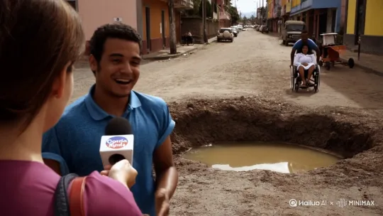 A street interview style video. Over-the-shoulder shot of a female reporter holding a microphone with a local Colombian news logo. An enthusiastic street vendor is giving an interview. Background: A dusty, uneven street in a vibrant Colombian town. Dominating the scene beside them is a huge, muddy pothole filled with water. In the background, a figure pushing a wheelchair with an elderly woman is approaching.
Reporter says: The community is hopeful this hazard will finally be addressed. You agree?
The Street Vendor says with a cheerful Colombian accent: ¡Claro que sí! This hole has been a nightmare for too long. Today is a good day!
Action: Just as he finishes speaking, the wheelchair in the background hits the edge of the massive pothole and tumbles in with a significant splash; reporter and the vendor both turn with expressions of shock.
The Vendor exclaims, his cheerfulness gone: ¡Ay, Virgen! ¡No puede ser! by Hailuo AI Video Generator