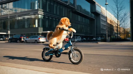 真实街道，小狗狗在街道上骑车[跟随] by Hailuo AI Video Generator