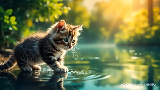 小猫从水面上走过去，一只蝴蝶落在小猫头上 by Hailuo AI Video Generator