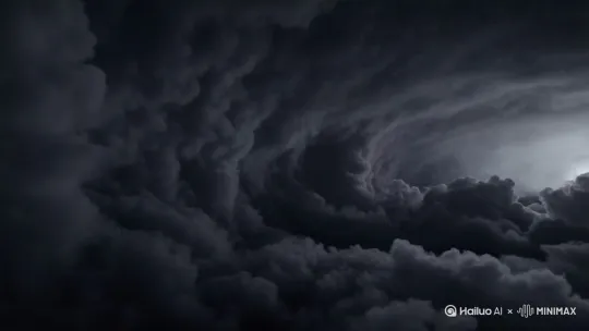 阴霾的天空，一片灰黑，透着沉重的压抑，仿佛有人将墨水泼洒在了宣纸上，墨浸了苍穹，晕染出云层。
　　云层叠嶂，彼此交融，弥散出一道道绯红色的闪电，伴随着隆隆的雷声。
　　好似神灵低吼，在人间回荡。[推出,上升,下摇] by Hailuo AI Video Generator