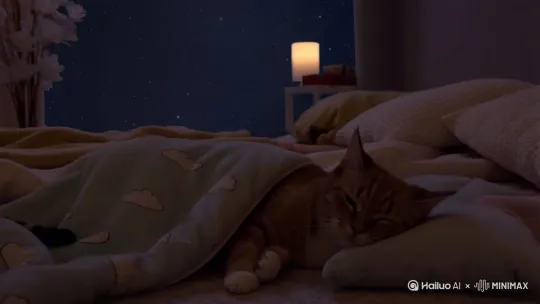 画面：星空夜景小夜灯氛围  
动作：裹着云朵毯子打呼噜 ▶️ 爪爪抽搐做梦 ▶️ 突然蹬腿踹飞枕头（露出肚皮上的爱心花纹）  
字幕："晚安...才怪！" + 片尾炸开彩虹屁烟花 by Hailuo AI Video Generator