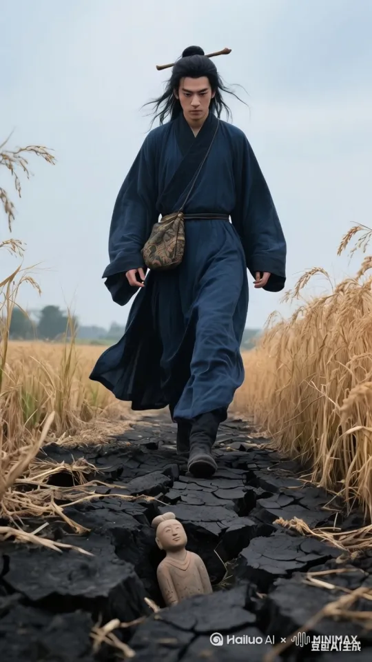 低角度跟拍，诗人踱步田埂，袍摆扫断稻茬（慢动作断裂）  稻屑环绕足踝飞旋（直径40cm），然后镜头后拉，暴露出整个场景，镜头向下摇，对准地上的陶俑，陶俑眼窝积尘掉落 by Hailuo AI Video Generator