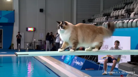 一只布偶猫 slips off a 10-meter-high diving board into a swimming pool at the Olympics, falling into the water with a splash after losing balance, with commentary (not in slow motion). [Pan left, Zoom in] by Hailuo AI Video Generator