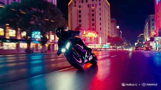 摩托车在都市中飞驰 [右移,左摇,跟随] by Hailuo AI Video Generator
