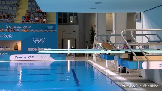 一只猫 slips off a 10-meter-high diving board into a swimming pool at the Olympics, falling into the water with a splash after losing balance, with commentary (not in slow motion). [Pan left, Zoom in] by Hailuo AI Video Generator