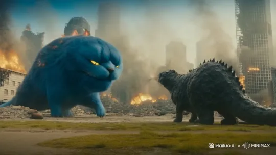 一只哥斯拉遇见了蓝猫蓝猫把哥斯拉一口吃掉。 by Hailuo AI Video Generator
