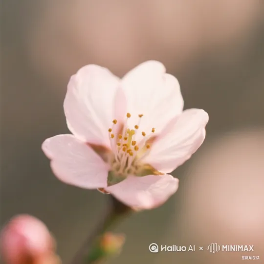 镜头从全景缓慢推进到主体特写，焦点逐渐锁定粉白色桃花在枝头缓慢开放的过程，背景虚化增强故事感，清晨薄雾中的桃树林全景，柔和的自然光线，背景是朦胧的青山，画面色调为低饱和青灰色调，以0.5倍速缓慢平稳推进，持续10秒，最终聚焦到单枝桃花（占画面70%），特写粉白色桃花蓓蕾，花瓣带有透明质感，露珠附着在绒毛状花萼上。 by Hailuo AI Video Generator