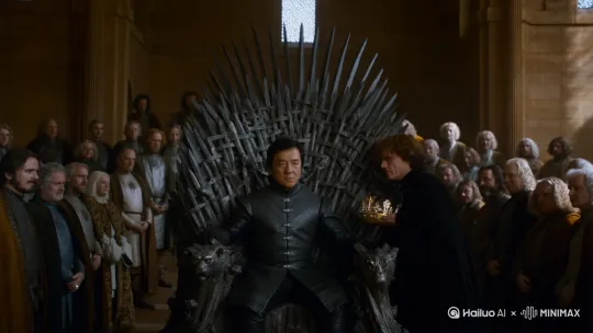 In the palace of King's Landing in the Game of Thrones, the Jackie Chan  sat on the iron throne, with a dignified and regal demeanor. Beside him, the dwarf minister Tyrion Lannister respectfully placed a glittering golden crown on the Jackie Chan's head. Throughout the process, the Jackie Chan kept his eyes on the ministers and nobles below. After the crown was placed, the ministers and nobles clapped and cheered to celebrate the new king's accession to the throne。 by Hailuo AI Video Generator