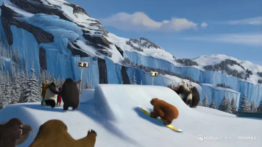 Olympic snowboard slope style competition broadcast on television, set in Changbai Mountain with ice cliffs and pine forests. Contestants: a brown bear (performing 540° spin with grab), giant panda (falling then recovering on rail), gorilla (carving with heel-to-toe turns), chimpanzee ("flying" spread-eagle pose). Cinematography: opening low-angle orbit shot rising to starting gate; dynamic mix of tracking shots (parallel to bear), crane shots (rising with panda's jump), POV crash cams, and quick cuts to slow-mo replays. Audio: professional sports commentary, snow crunch sounds, crowd cheers mixed with animal roars. Final award ceremony with gold medalist bear raising board. Color grading: high contrast on fur textures against bright snow. by Hailuo AI Video Generator